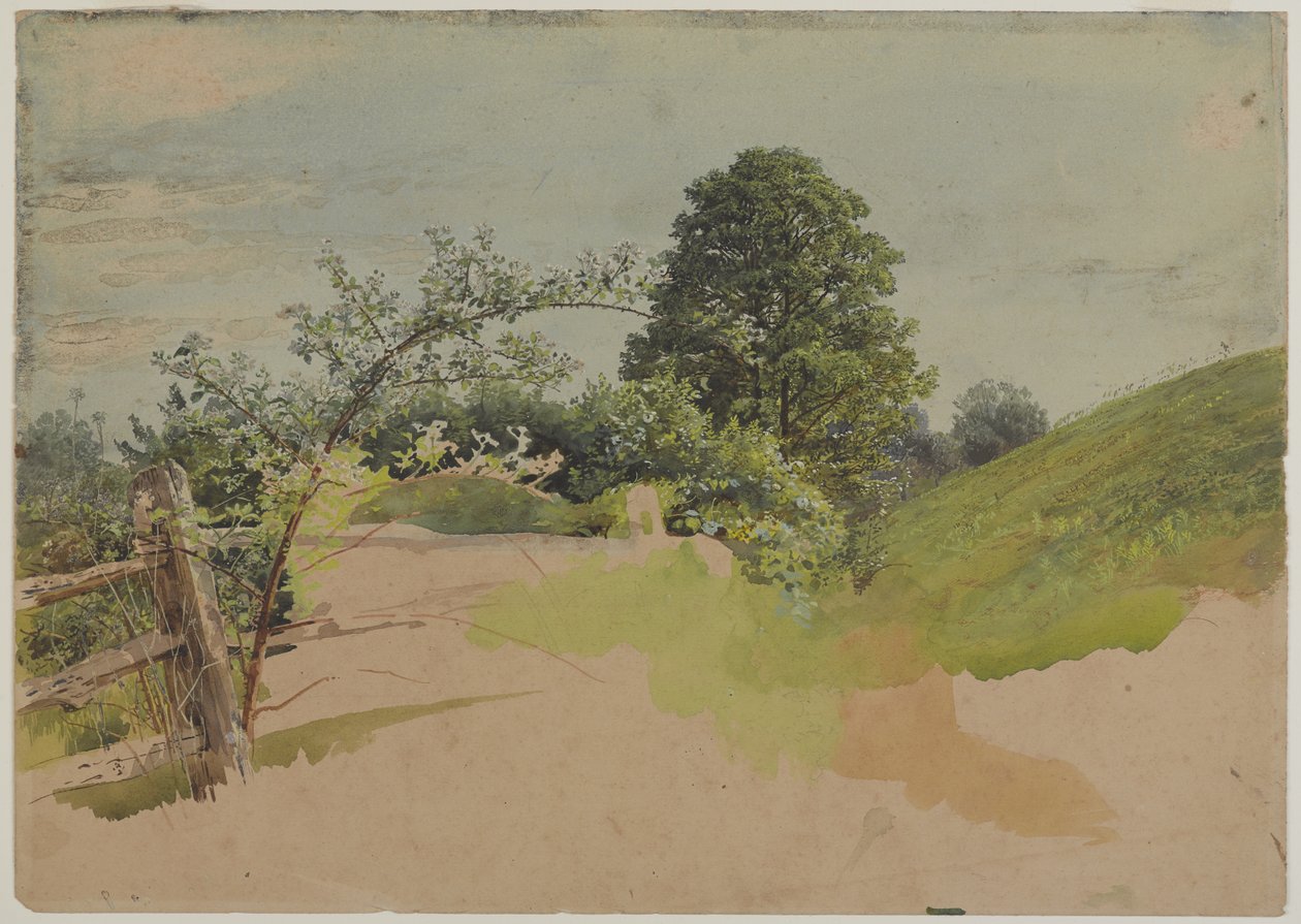 Paisagem com cerca de 1870 a 1880 (wc transparente e opaca sobre grafite em papel de parede) de William Trost Richards
