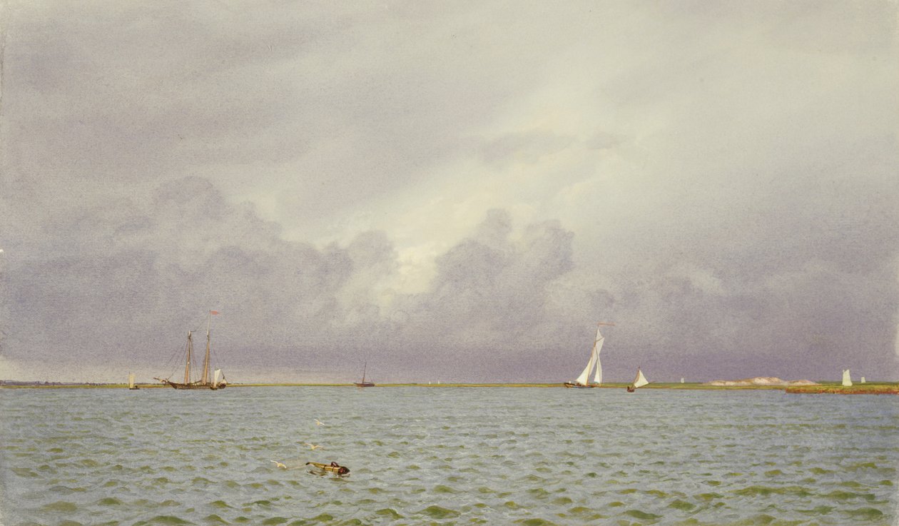 Marinha com iates, 1865-75 (wc e guache em papel cinza-esverdeado) de William Trost Richards