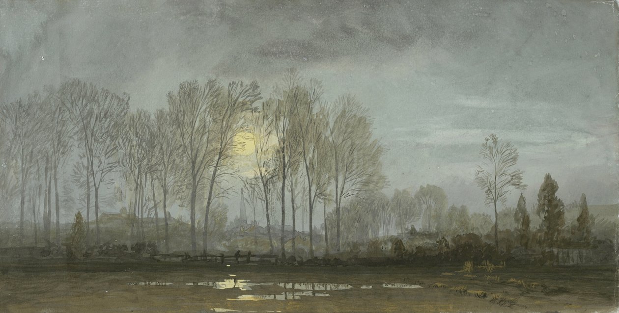 Paisagem enluarada, 1862 (wc com guache em papel cinza-azulado) de William Trost Richards