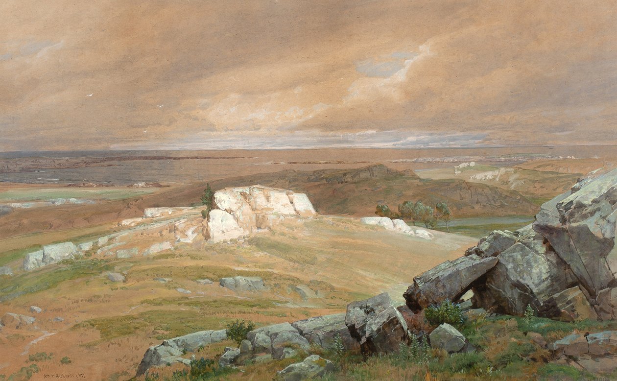 Perto de Newport, 1877 (wc e guache em papel de tecido azul-verde) de William Trost Richards