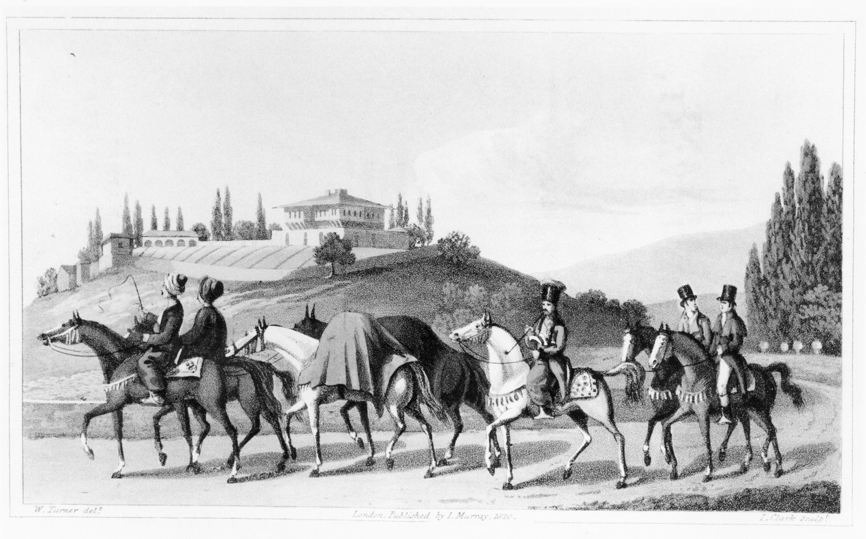 Modo de viajar na Turquia, de &39;Jornal de uma excursão no Levante&39; por William Turner, gravado por L. Clark, publicado em 1820 de Joseph Mallord William Turner