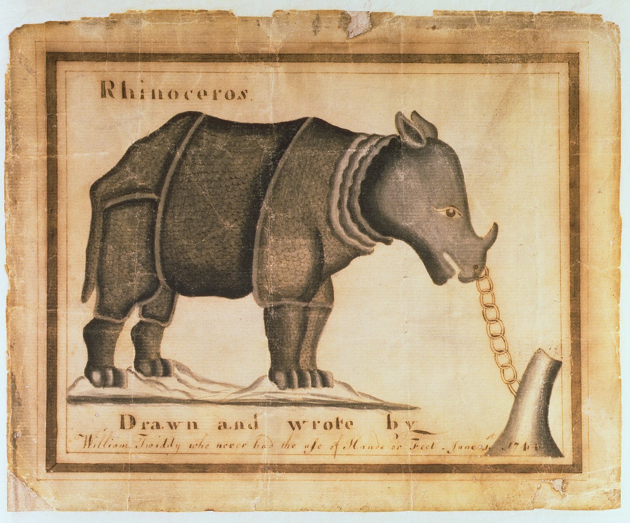 Rinoceronte, desenhado e escrito por William Twiddy que nunca teve o uso de mãos ou pés, 1 de junho de 1744 (wc no papel) de William Twiddy