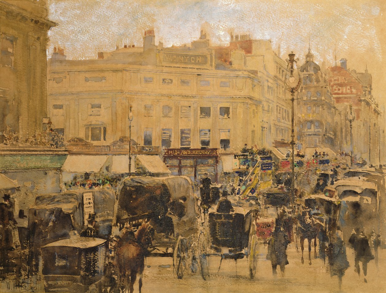 Hora do Rush, Oxford Circus (wc e goma laca com lápis em papel matizado) de William Walcot