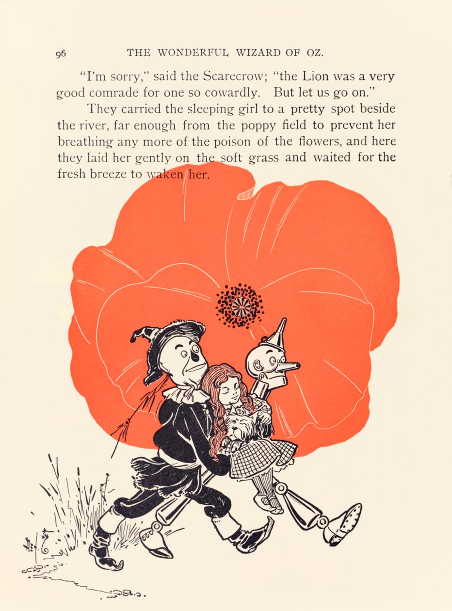 O Espantalho e o Lenhador de Lata resgatam Dorothy do campo mortal da papoula, de O Maravilhoso Mágico de Oz de L. Frank Baum de William Wallace Denslow