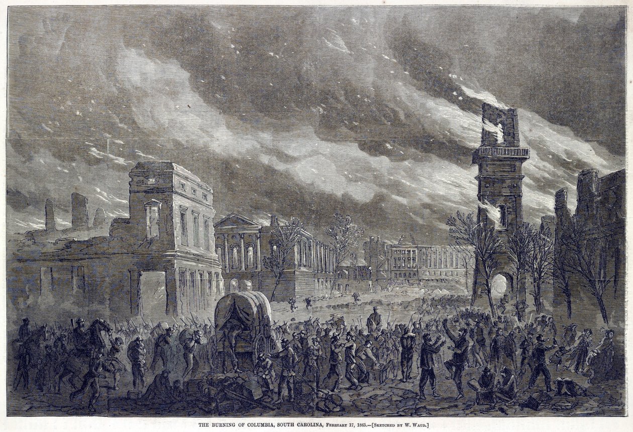 The Burning of Columbia, Carolina do Sul, 17 de fevereiro de 1865, pub. 1865 de William Waud