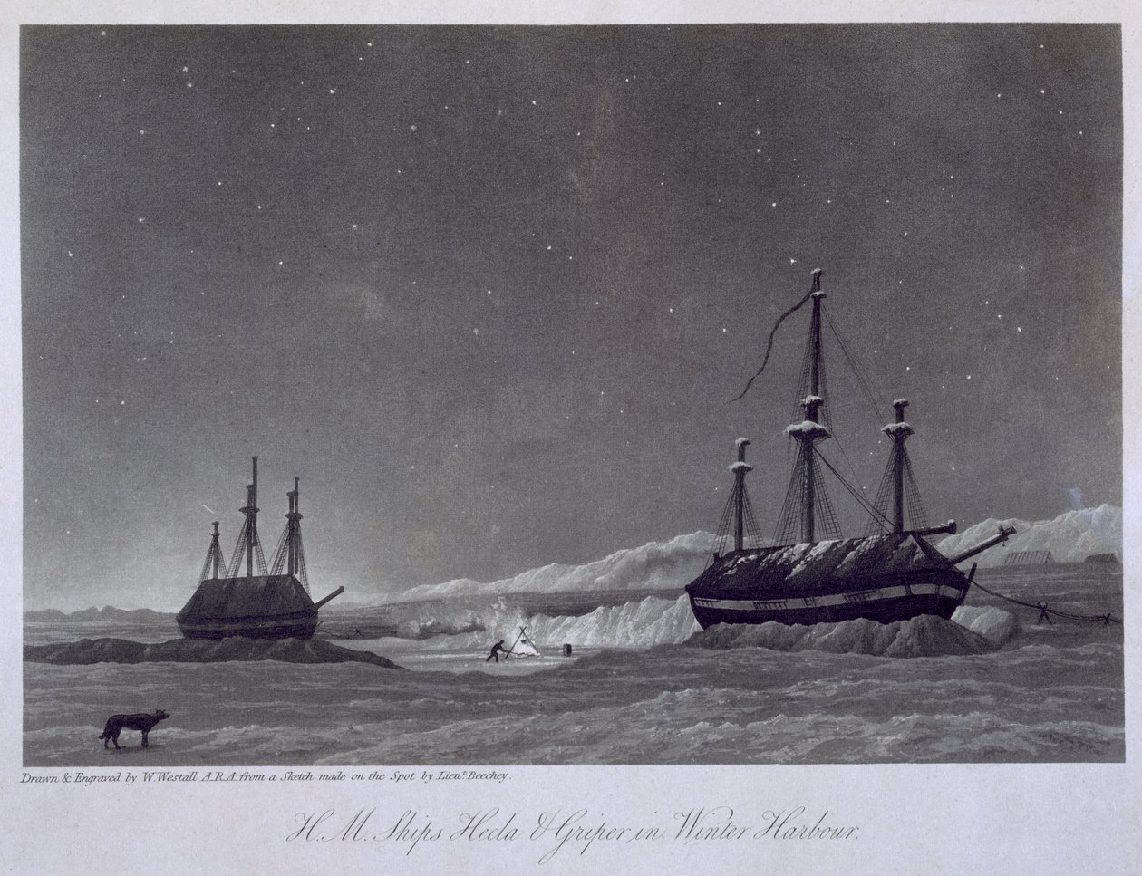 HM envia Hecla und Griper em Winter Harbor, de &39;Journal of a Voyage para a descoberta de uma passagem noroeste do Atlântico para o Pacífico, realizada nos anos 1819-20&39;, por William Edward Par de William Westall