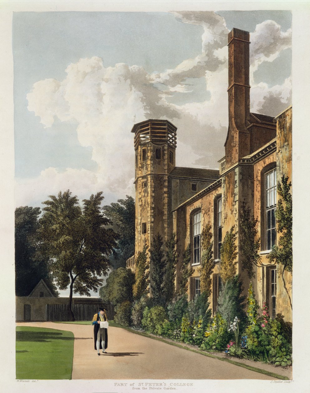 Parte do St. Peter&39;s College (Peterhouse) do Jardim Particular, Cambridge, de "A História de Cambridge", gravada por Joseph Constantine Stadler (fl.1780-1812), pub. por R. Ackermann, 1815 (cor de William Westall