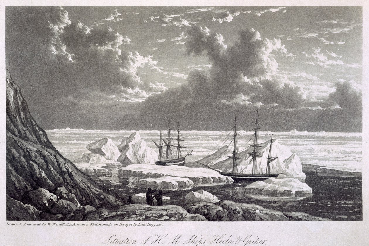 Situação do HM Navios Hecla und Griper de 17 a 23 de agosto de 1820, de &39;Journal of a Voyage para a descoberta de uma passagem noroeste do Atlântico para o Pacífico realizada no Y de William Westall