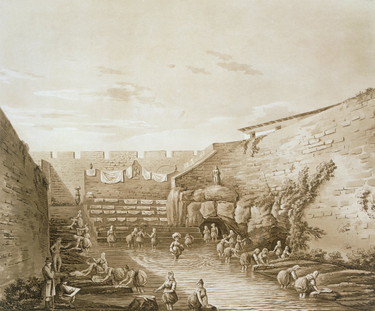 Lavadeiras na Fonte de Arethusa, das antiguidades de Magnia Graecia, publicado em 1807 de William Wilkins