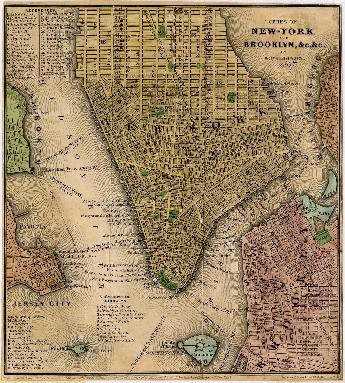 Cidades de Nova York e Brooklyn, undc. und. 1847 (tinta preta e colorida sobre papel, apoiada em papel) de William Williams