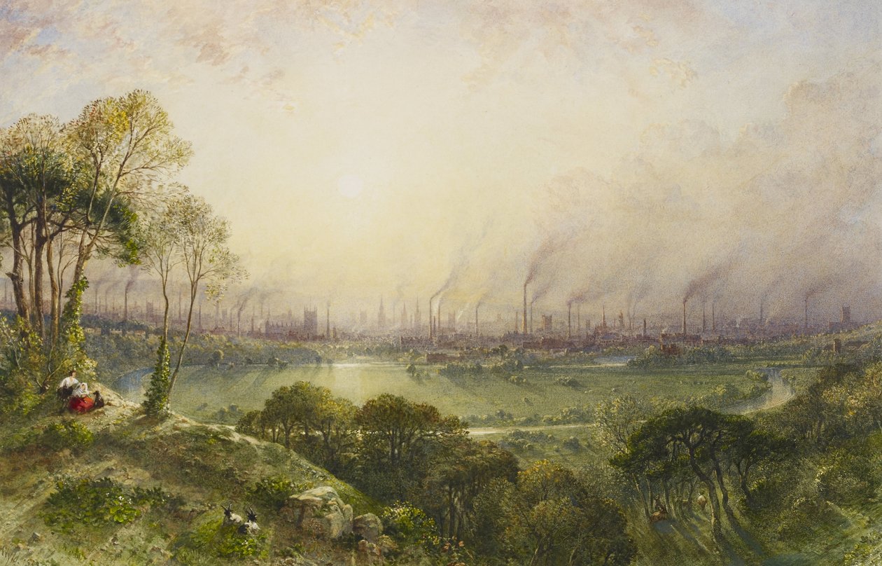 Manchester de Kersal Moor, com figuras rústicas e cabras de William Wyld