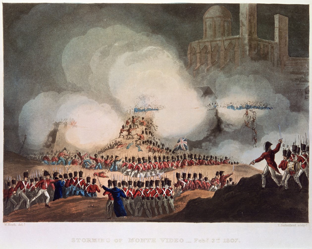Storming of Monte Video, 3 de fevereiro de 1807, gravado por Thomas Sutherland (bc1785) de William after Heath
