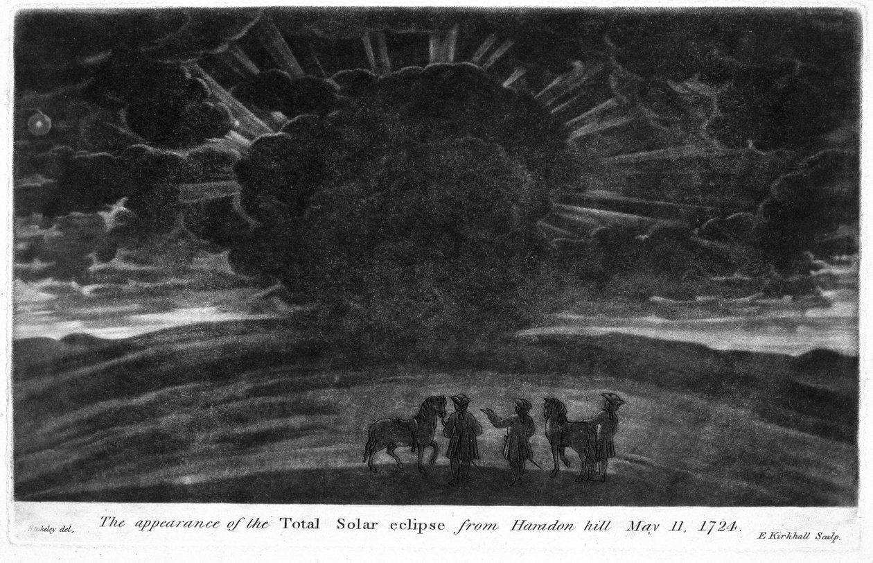 A aparência do Eclipse Solar Total de Haradon Hill, 11 de maio de 1724, gravado por E. Kirkhall (mezzotint) de William after Stukeley