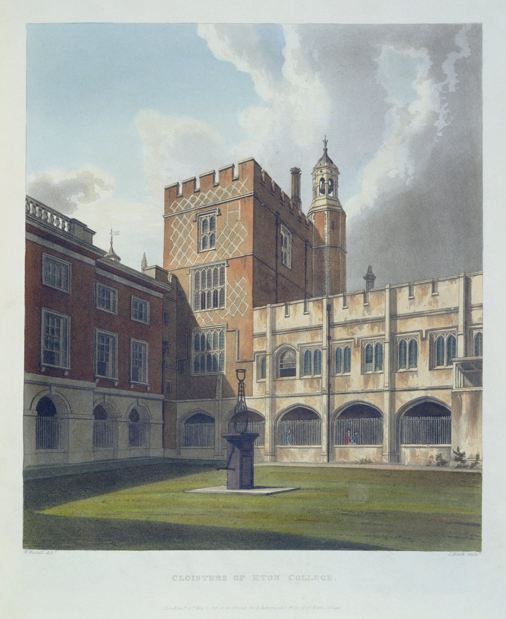 Claustros de Eton College, da História da Eton College, parte da História das Faculdades, gravada por J. Bluck (fl.1791-1831) pub. por R. Ackermann, 1816 (aquatinta) de William after Westall