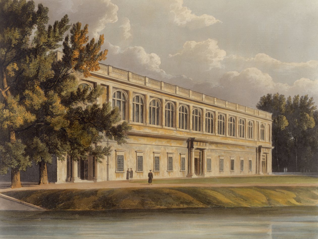 Exterior da biblioteca da trindade de jardins de St. Johns, Cambridge, da história de Cambridge, gravado por Joseph Constantine Stadler (fl.1780-1812), bar. por R. Ackermann, 1815 (cor aquatint) de William after Westall