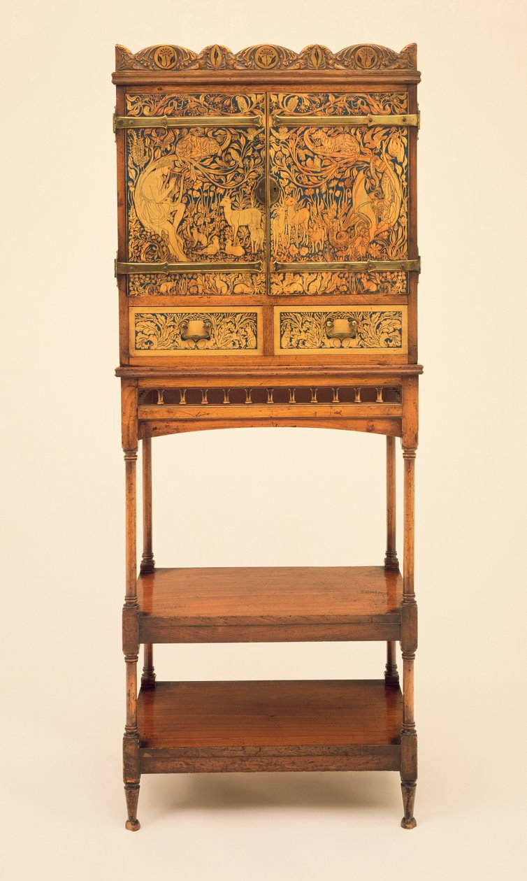Armário de música e stand com cena incrustada de cera de Orfeu encantando os animais, projetado por William Arthur Smith Benson (1854-1924) e George Heywood Maunoir Sumner (1853-1940), c.1889 (mogno eb de William and Sumner Benson