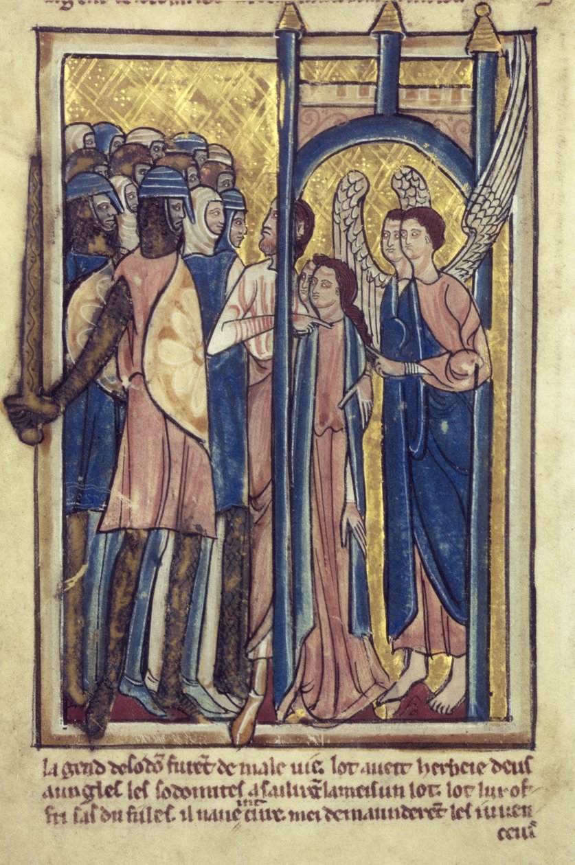Ló oferecendo suas filhas aos habitantes de Sodoma, de um livro de Imagens da Bíblia, c.1250 de William de Brailes  