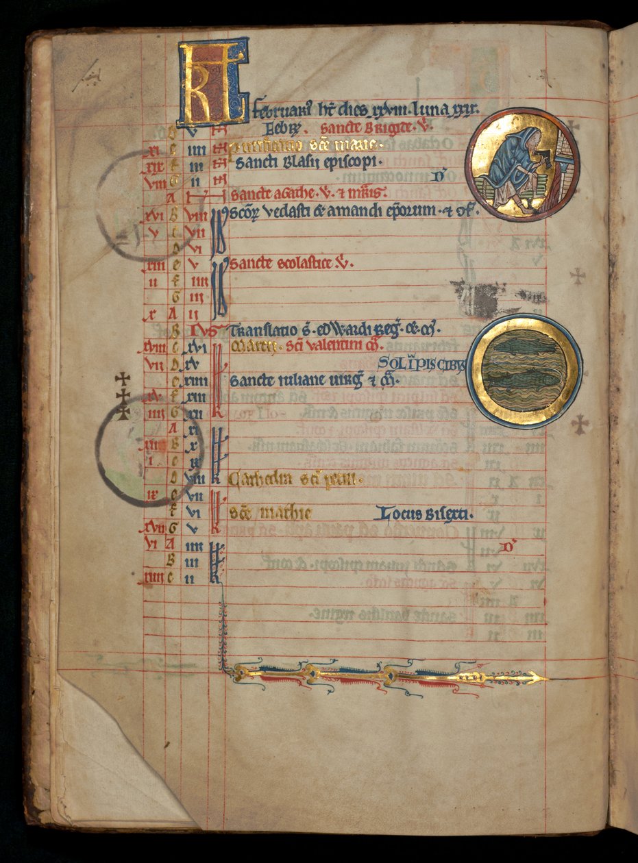 Ms 322 f.1v, fevereiro, um homem tirando o sapato pelo fogo, ilustração do "De Brailes Psalter", c.1250 de William de Brailes  
