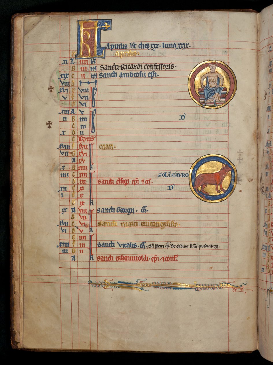 Ms 322 f.2v, abril, um homem sentado segurando duas flores, ilustração do &39;De Brailes Psalter&39;, c.1250 de William de Brailes  