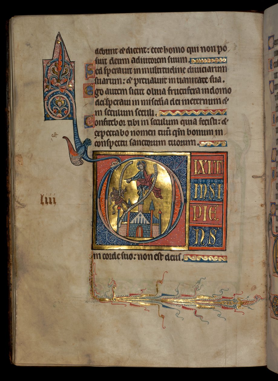 Ms 322 f.54v, Salmo 52, inicial D, Tentação de Cristo, ilustração do &39;De Brailes Psalter&39;, c.1250 de William de Brailes  