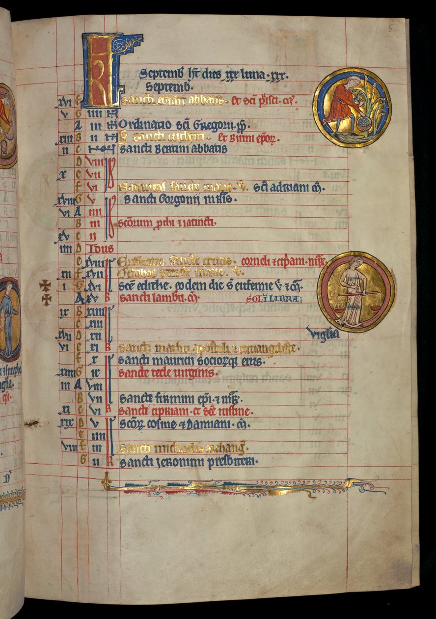 MS 322 f.5r, setembro, um homem colhendo frutas, ilustração do "De Brailes Psalter", c.1250 de William de Brailes  