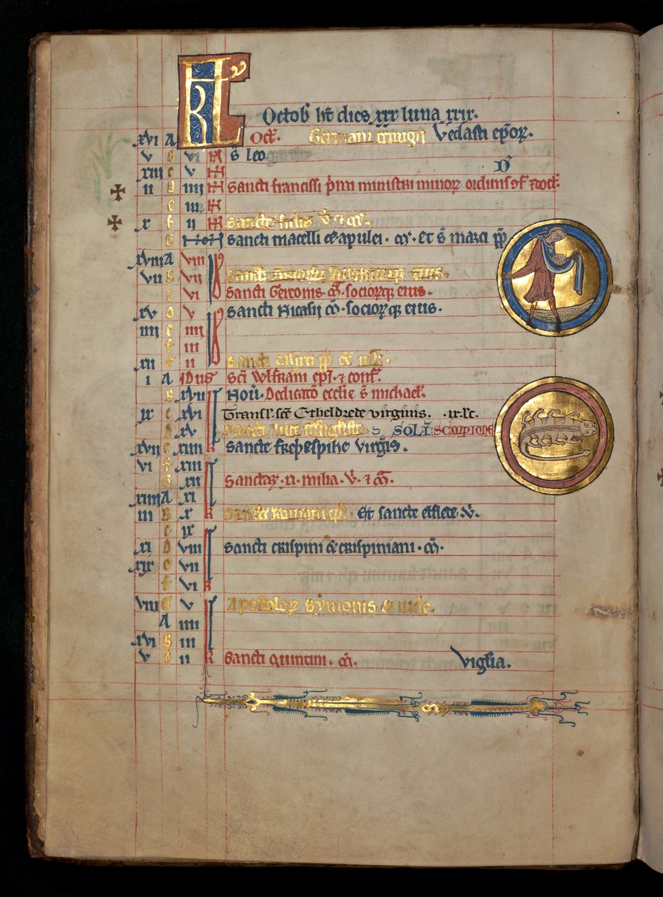 Ms 322 f.5v, outubro, um homem semeando, ilustração do &39;De Brailes Psalter&39;, c.1250 de William de Brailes  
