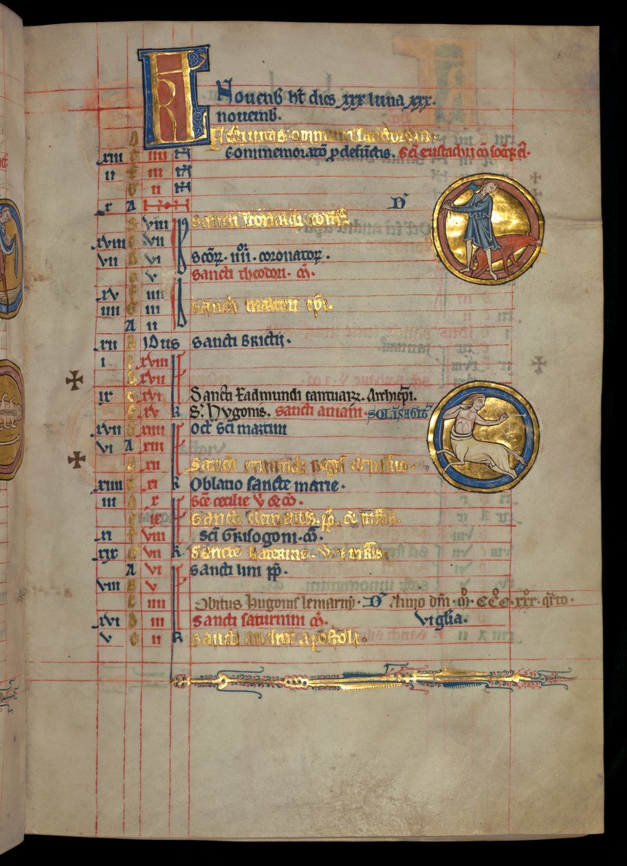 Ms 322 f.6r, novembro, um homem abatendo um porco, ilustração do &39;De Brailes Psalter&39;, c.1250 de William de Brailes  