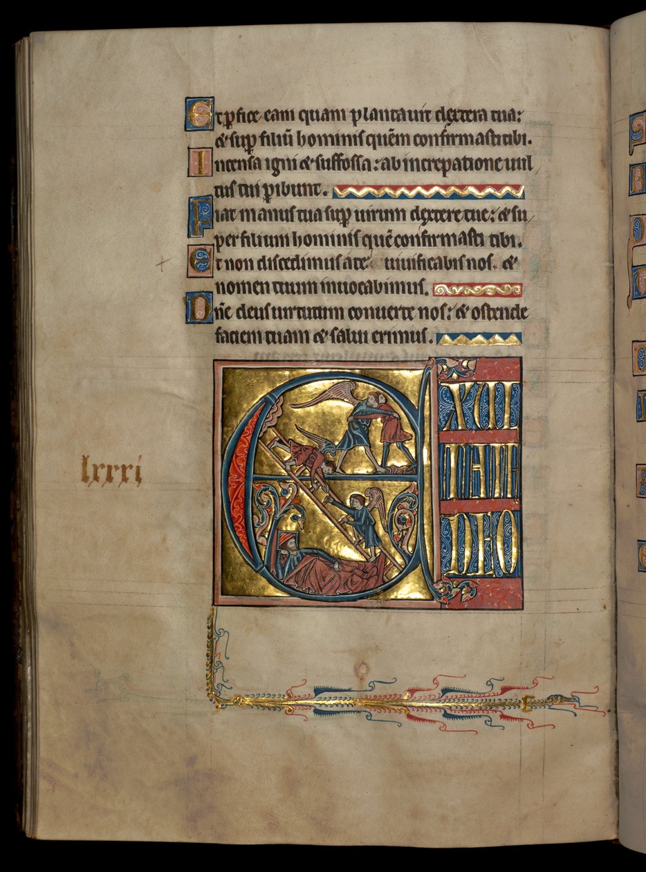 Ms 322 f.82v, Salmo 80, inicial E, Jacob lutando com o anjo, o sonho de Jacó, ilustração do &39;De Brailes Psalter&39;, c.1250 de William de Brailes  