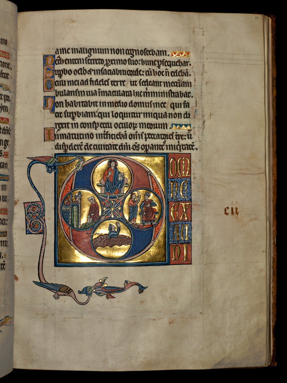 MS 322 f.99r, Salmo 101, D inicial, bênção de Cristo, Davi contemplando Bate-Seba, Natã repreende Davi e o penitente Davi rezando, ilustração do "De Brailes Psalter", c.1250 de William de Brailes  