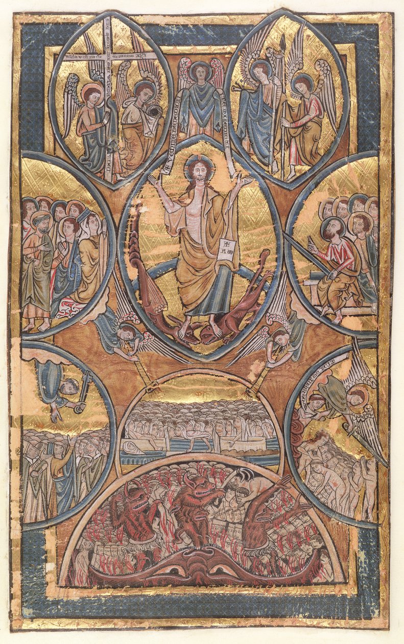 Ms 330 f.3 O Juízo Final com auto-retrato do iluminador resgatado por seu anjo da guarda, de um saltério, c.1240 de William de Brailes  