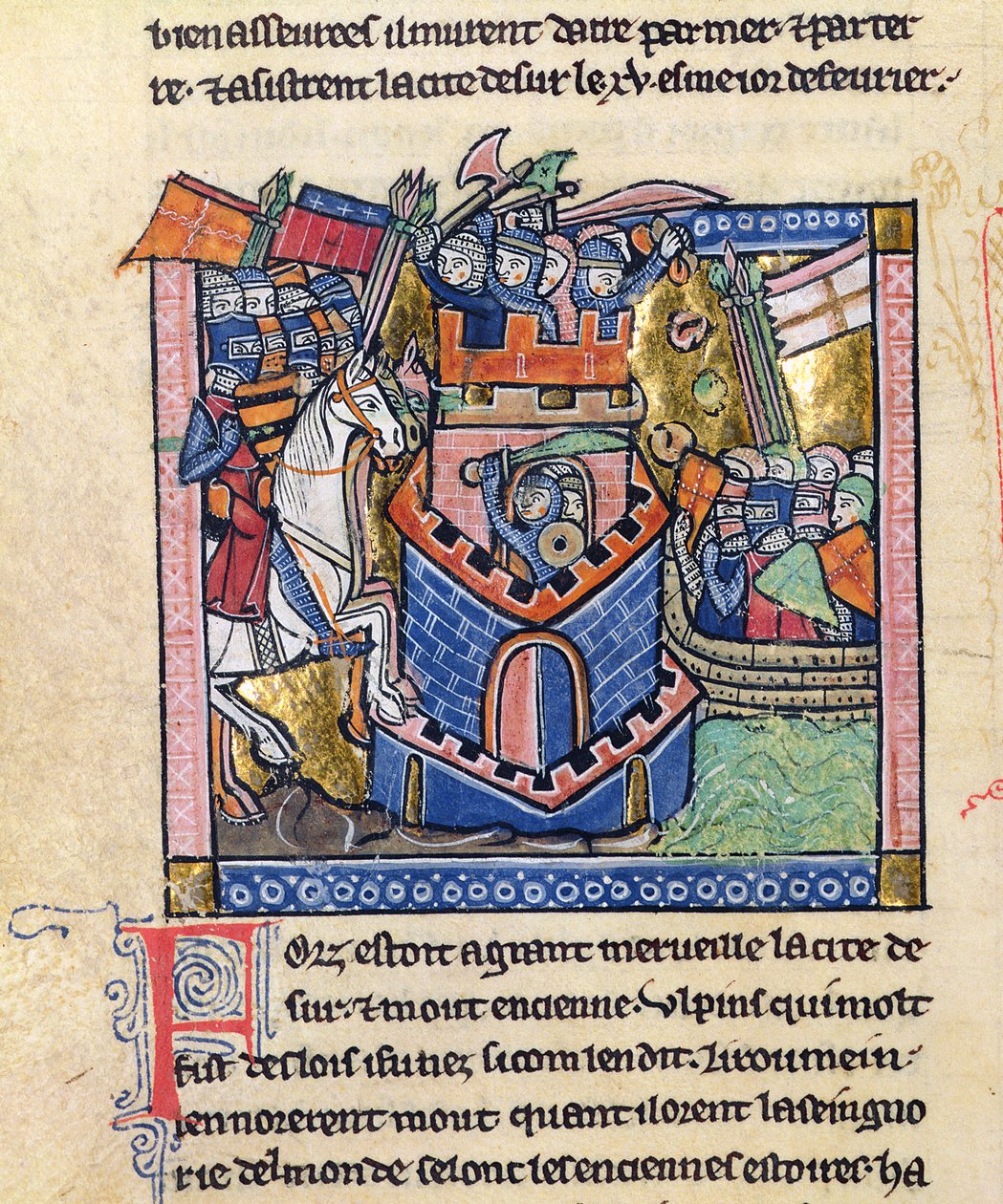Fr 2630 f.111v Tiro do pneu pela frota veneziana e sitiada pela cavalaria dos cruzados, do Estoire d&39;Outremer (velino e folha de ouro) de William of Tyre