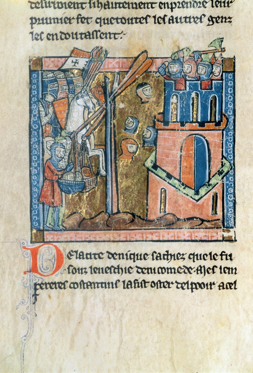 Fr.2630 f.22v Cruzados bombardeiam Nicéia com cabeças em 1097, do Estoire d&39;Outremer de William of Tyre