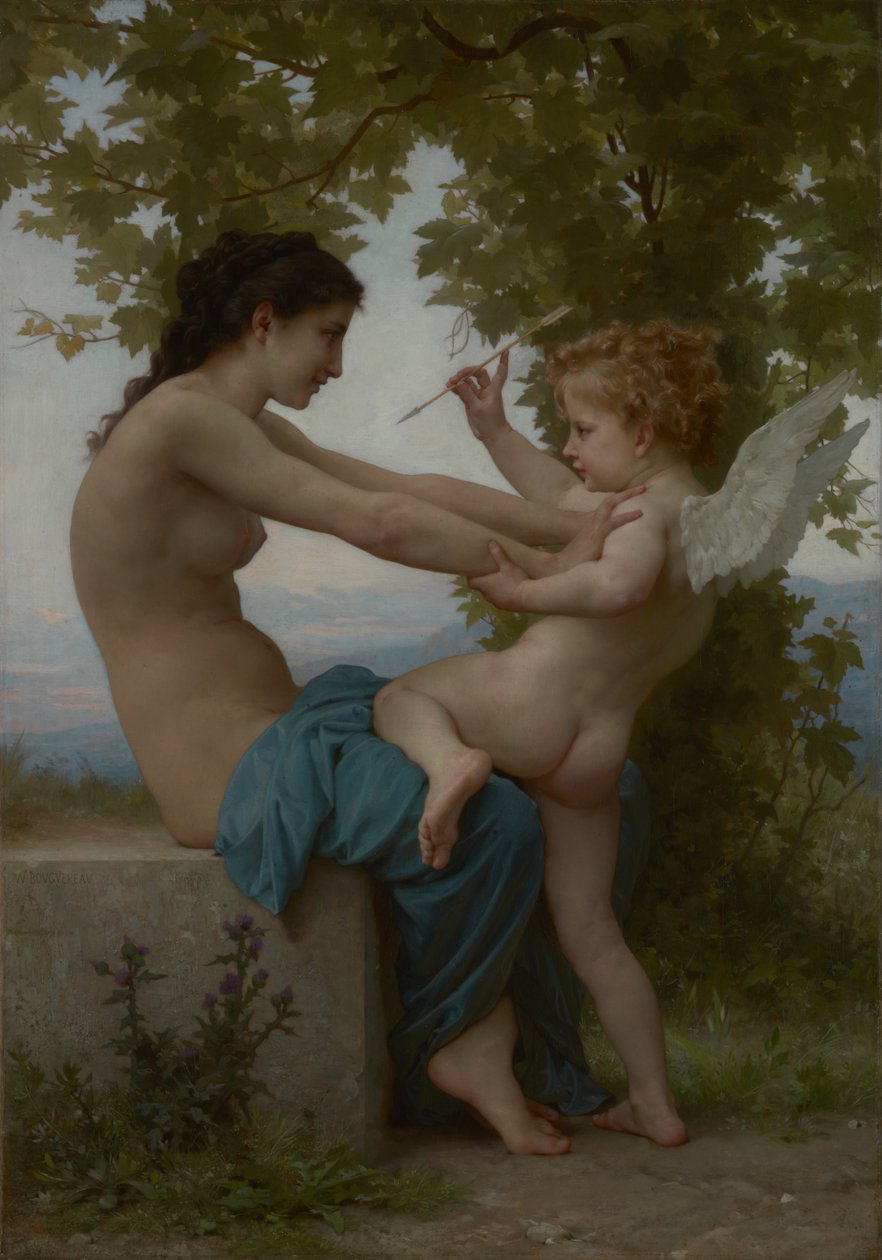 Uma jovem se defendendo contra Eros, c.1880 (óleo sobre tela) de William Adolphe Bouguereau