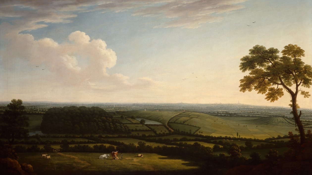 Extensa Paisagem arborizada com vista distante de uma cidade (petróleo) de Joseph Mallord William Turner