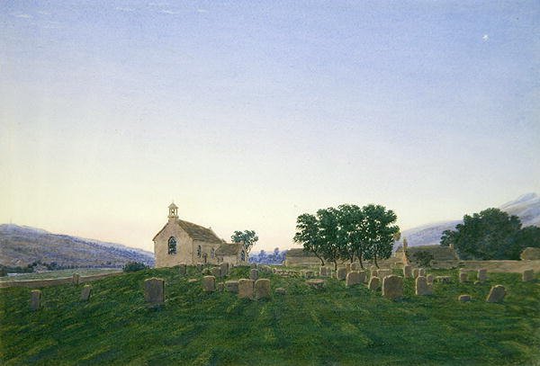 The Dawn, Kirk Newton Church, Northumberland (aguarela e cor de corpo sobre papel) de Joseph Mallord William Turner