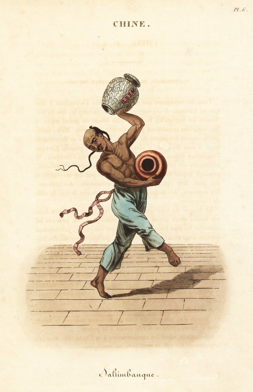 Malabarista chinês dançando e fazendo malabarismo com dois vasos grandes. de William (after) Alexander