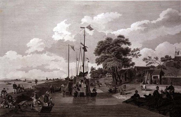 Vista do Lago Pao-Yng, onde está separado do Grande Canal por um aterro de terra, gravado por William (1747-1810) e Elizabeth Ellis, pub. por G. Nicol de William (after) Alexander