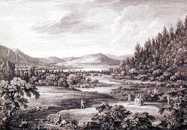 Uma Vista de Ulswater em direção à Ponte Pooley, gravada por Chatelin e Canot (gravação) de William (after) Bellers