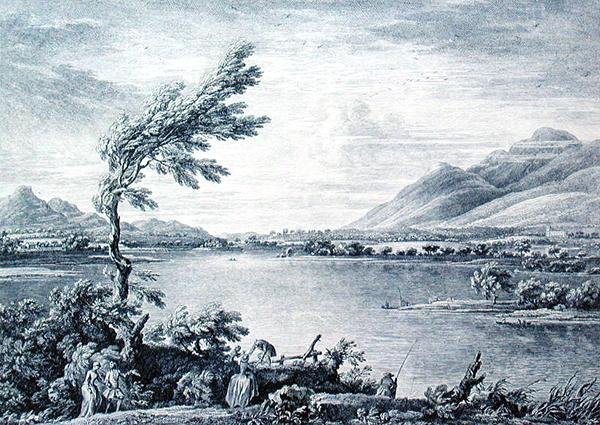 Uma Vista de Derwentwater da Ilha Vicars em direcção a Skiddaw, gravada por Chatelin e Grignion (gravura) de William (after) Bellers