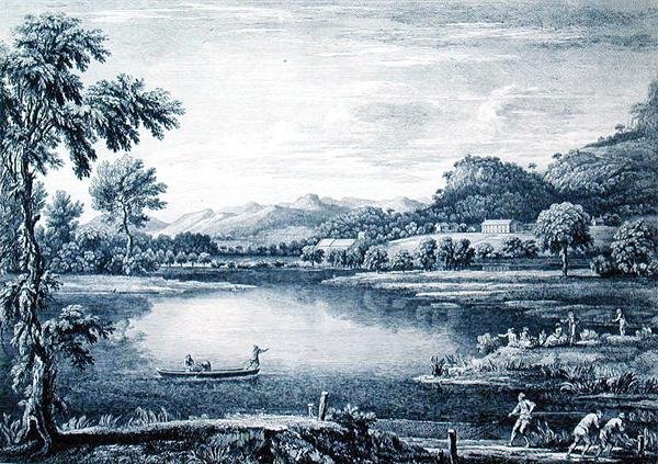 Uma Vista de Winander Meer perto de Ambleside, gravada por Chatelin e Muller de William (after) Bellers