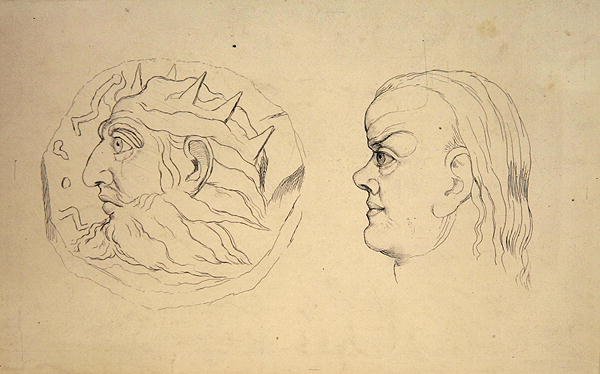 Anverso da moeda de Nabucodonosor e uma cabeça de Câncer, do "Tratado sobre Fisiognomia Zodiacal" de J. Varley, gravado por John Linell de William (after) Blake