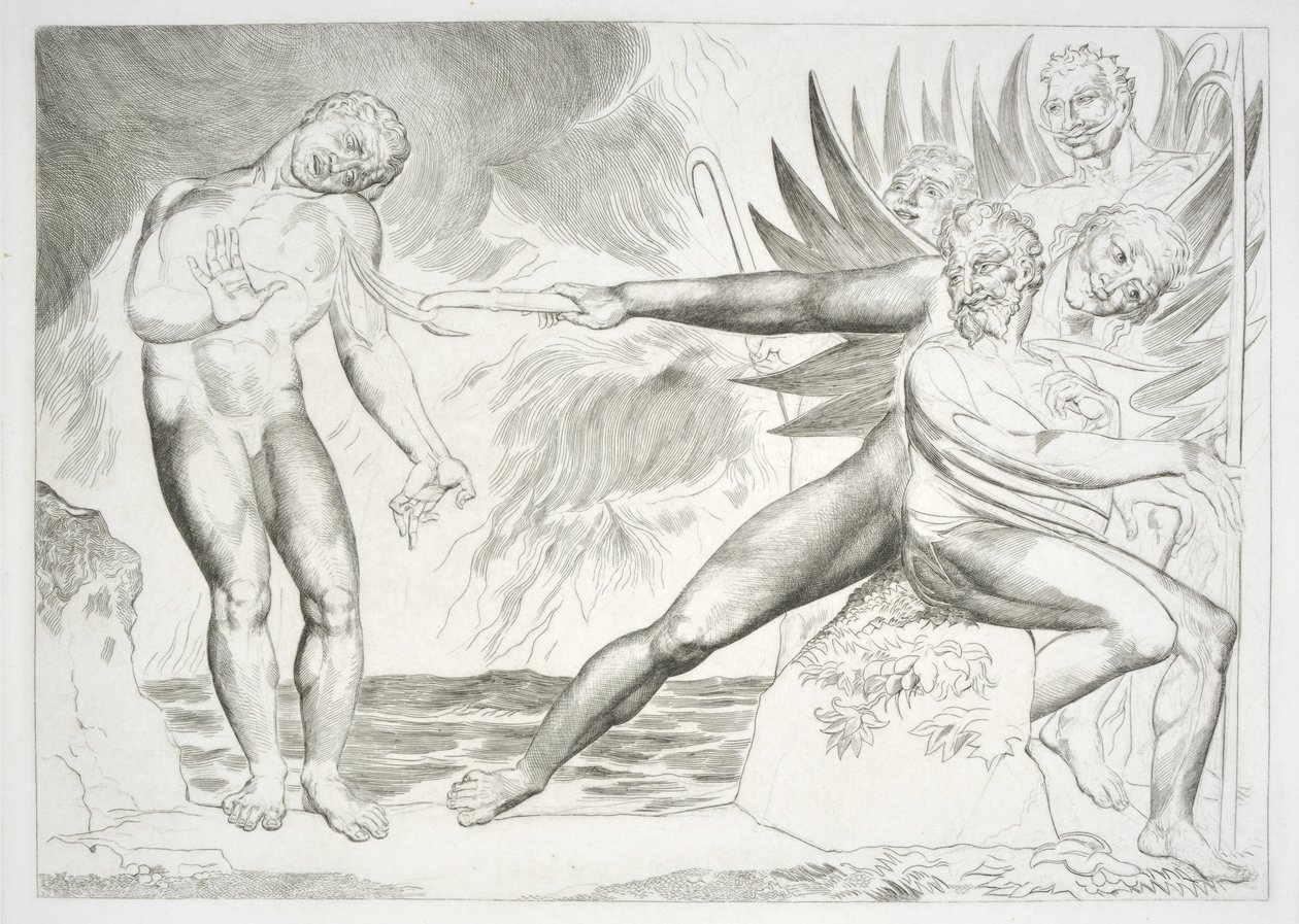 O Círculo dos Funcionários Corruptos: Os demónios que atormentam Ciampolo Inferno, Canto XXII, ilustração da "Divina Comédia" de Dante Alighieri de William (after) Blake