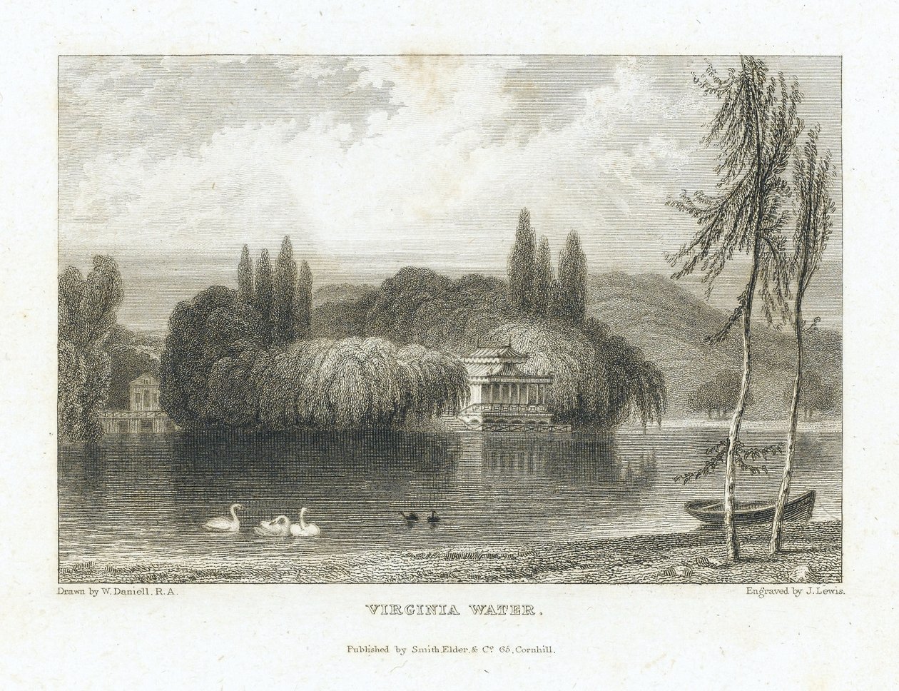 Virginia Water, Lago Surrey (Inglaterra), perto de Windsor, vista do pavilhão chinês rodeado de árvores numa ilha no centro do lago. Gravura de J. Lewis segundo William Daniell (1769-1837). de William (after) Daniell