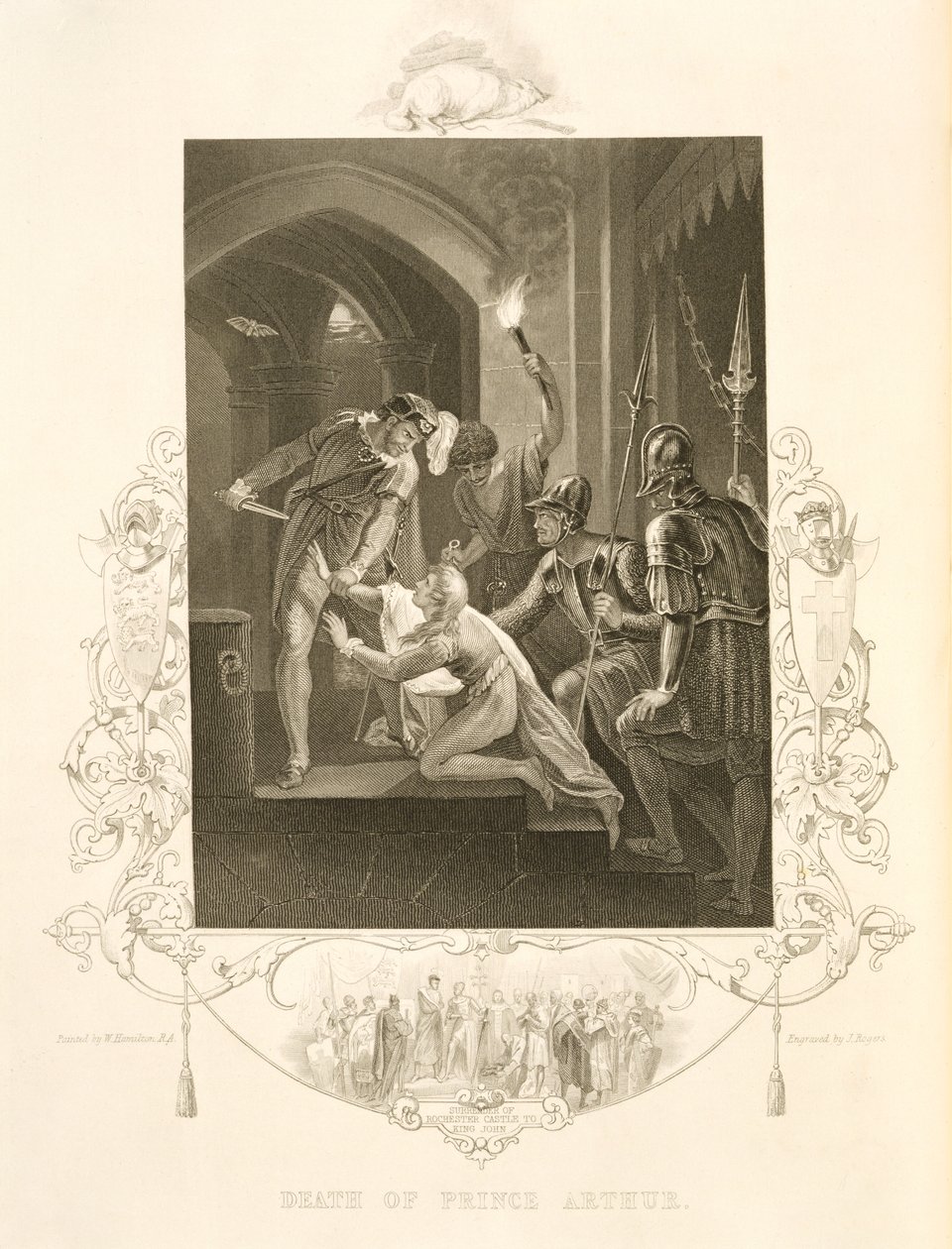 A Morte do Príncipe Artur, em Rei João por William Shakespeare (1564-1616) gravado por J. Rogers (gravura) de William (after) Hamilton