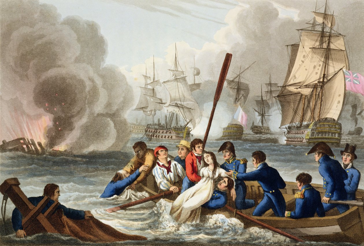 Anecdote at the Battle of Trafalgar, gravado por Matthew Dubourg (fl.1813-20) de 