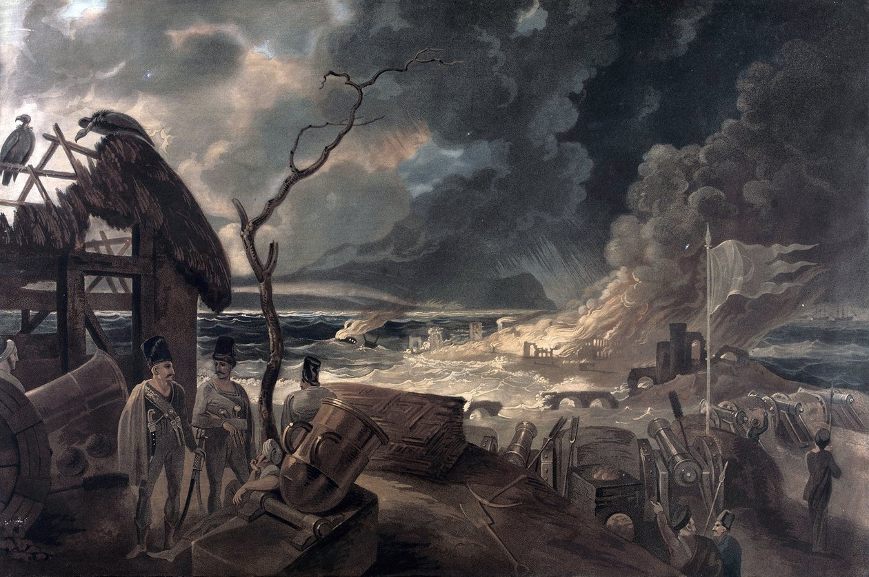 As consequências da guerra, cena com soldados e canhões. Impressão a cores baseada na pintura de William Hodges (1744-1797). de William (after) Hodges