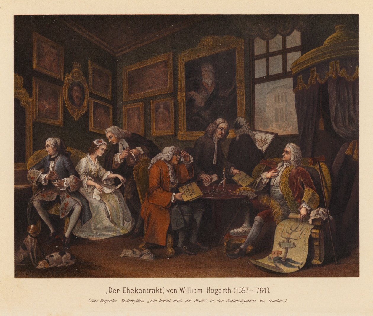 O acordo de casamento de Marriage A-la-Mode, de William Hogarth (litografia a cores) de William (after) Hogarth