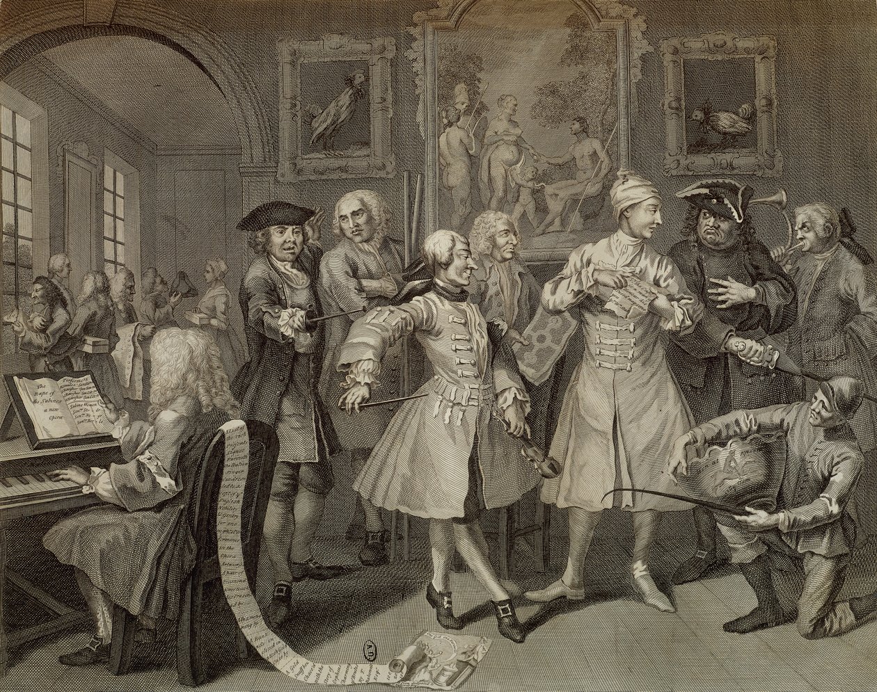 Tom Rakewell rodeado por artistas e professores, placa II de The Rake