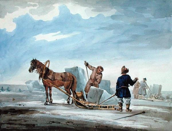 Transporte de Gelo por Horsedrawn Sledge, da "Viagem de Moscovo a Constantinopla nos Anos". de William (after) MacMichael