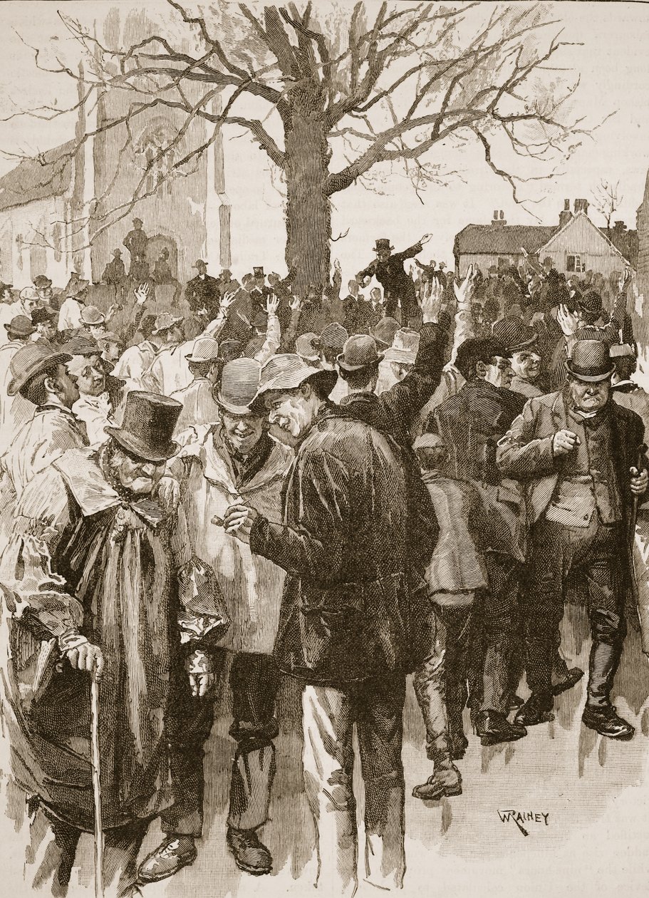 Greve dos trabalhadores agrícolas de Warwickshire: reunião em Whitnash de William (after) Rainey
